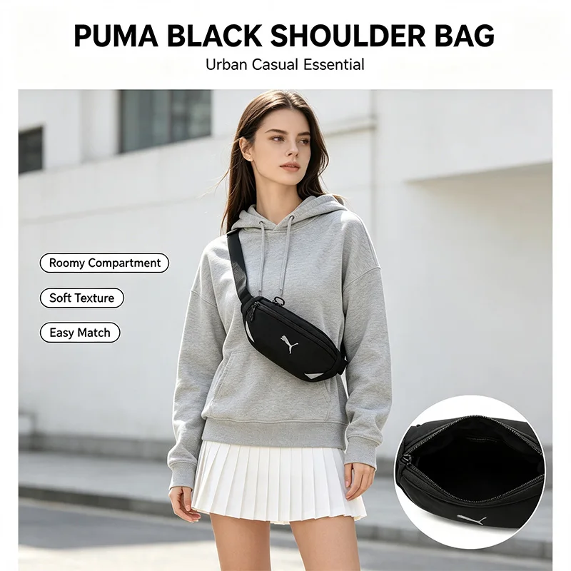 Puma Sport Crossbody Bag Black Shoulder Bag Adjustable Strap Lightweight Durable Versatile Daily Street Style Women Casual Purse