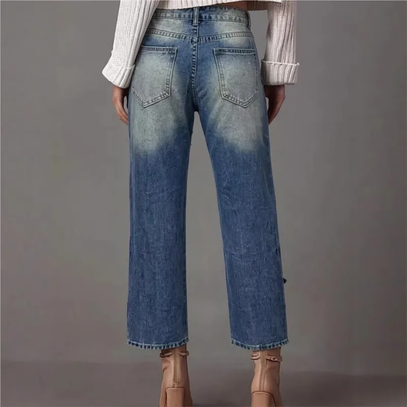 American Retro Hole-punched Jeans Women High Waist Straight-crotch Loose Slim Design High-street Vibe Wide-legged Pants