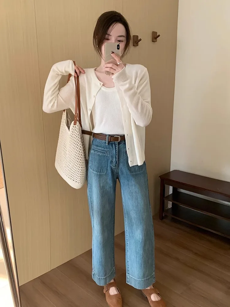 

Korean Sle Slimming Nine-Piece Jeans High Waist Straight Leg Pants Women's Spring Summer Faion Ele Two-Tone Denim