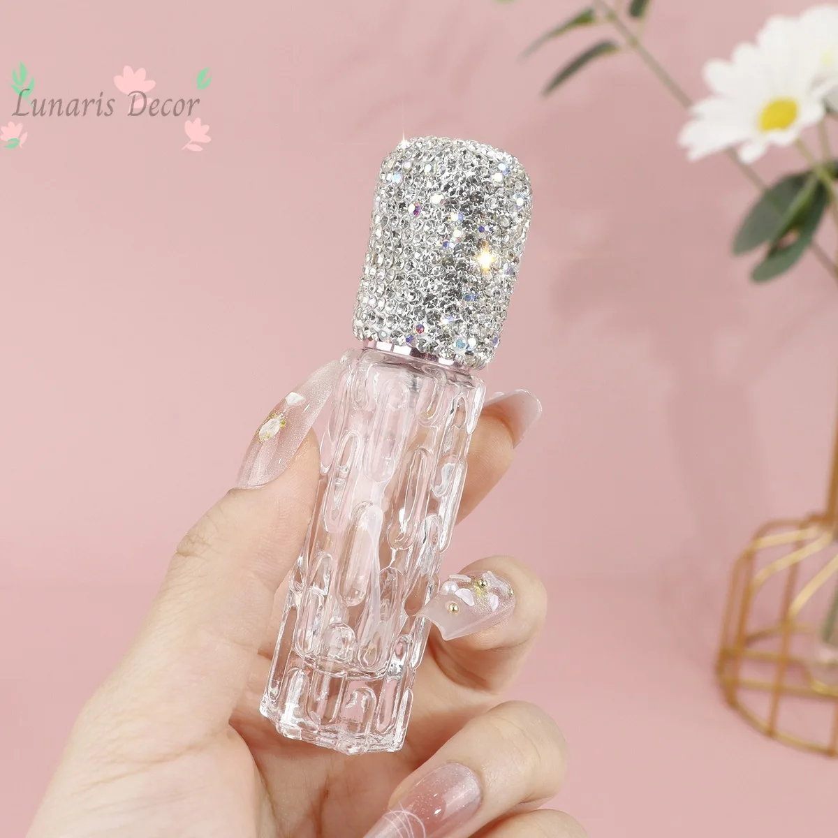 Ready-to-ship rhinestone-encrusted glass perfume atomizer, 10ml capacity, premium and high-end travel size spray bottle