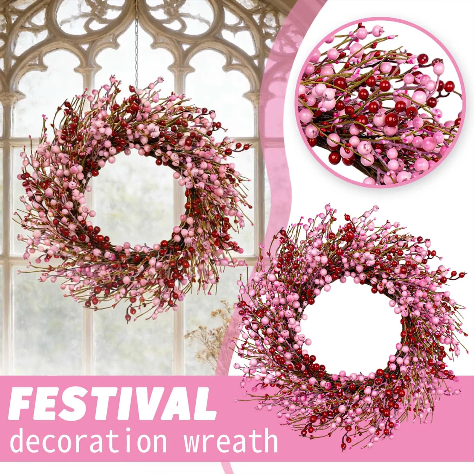 

Pink Red Berry Wreath Festive Artificial Front Door Decor For Valentine's Day Family Holiday Creative Warming Hanging Wreath