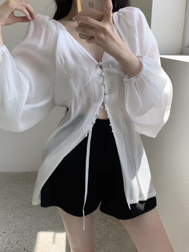 Femme coupe ample bulle Sve irt v-ne cravate taille bouton unique Ele Sle Long Sve couleur trajet Faion