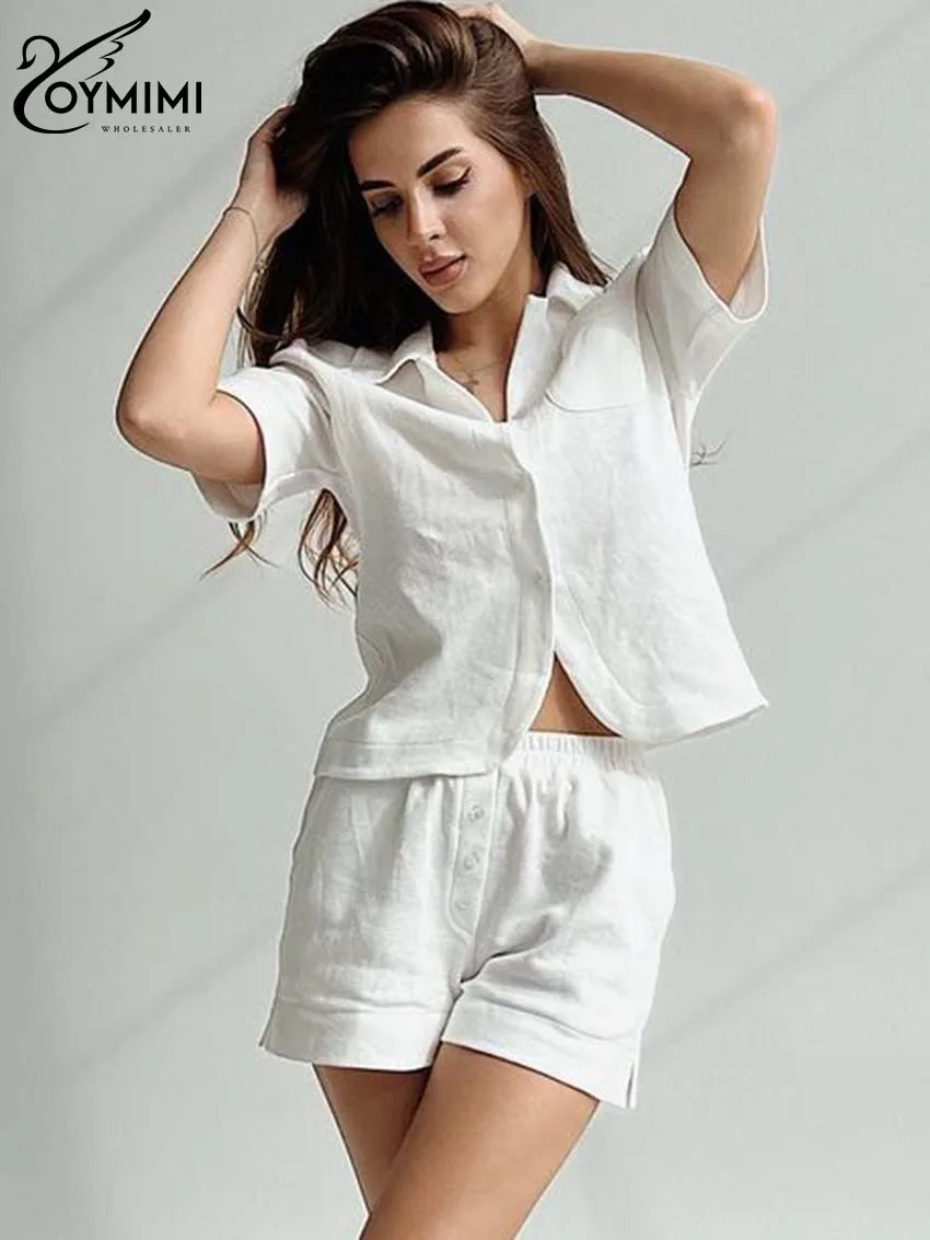 

Oymimi Causal White Loose Sets For Women 2 Pieces Fashion Short Sleeve Pockets Button Shirts And High Waist Side Slit Shorts Set