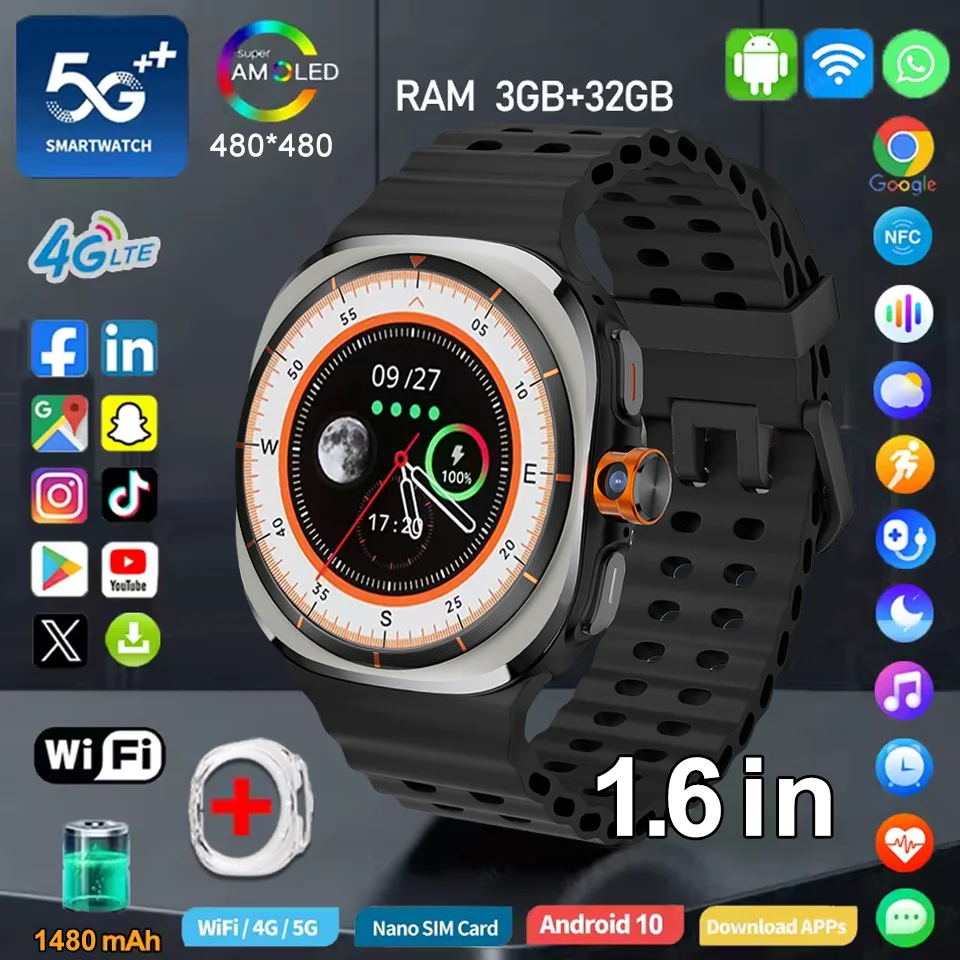 

Original 5G SIM Smartwatch U8 Watch Ultra Rotary Camera GPS WIFI Heart Rate Tracker 32GB Storage Download App Sports Smart Watch
