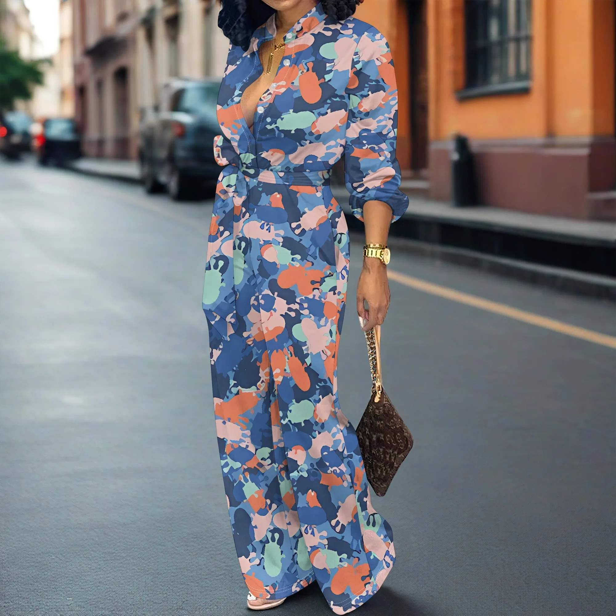 

Nupusa Camo Print Jumpsuit for Women Standard Size Summer Casual Shirt Collar Half Sleeve Outfit