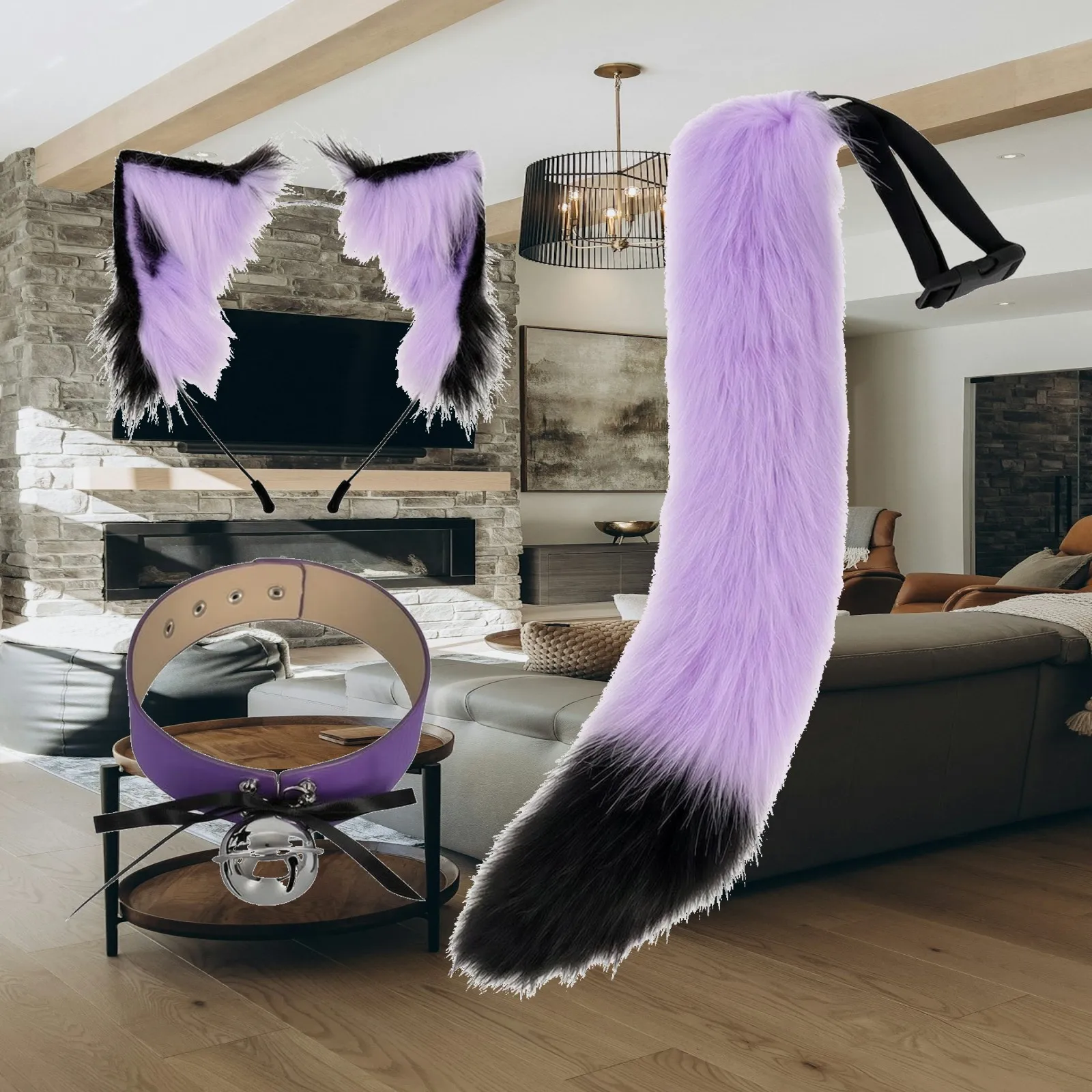 Furry Animal Ear Tail Set Cosplay Fox Headband with Metal Bell for Roleplay Costume Party