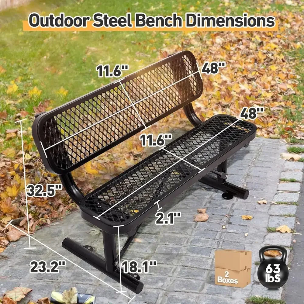 Heavy-Duty Outdoor Metal Bench with Backrest, 48, Ideal for Parks, Gardens, and Malls (Black)