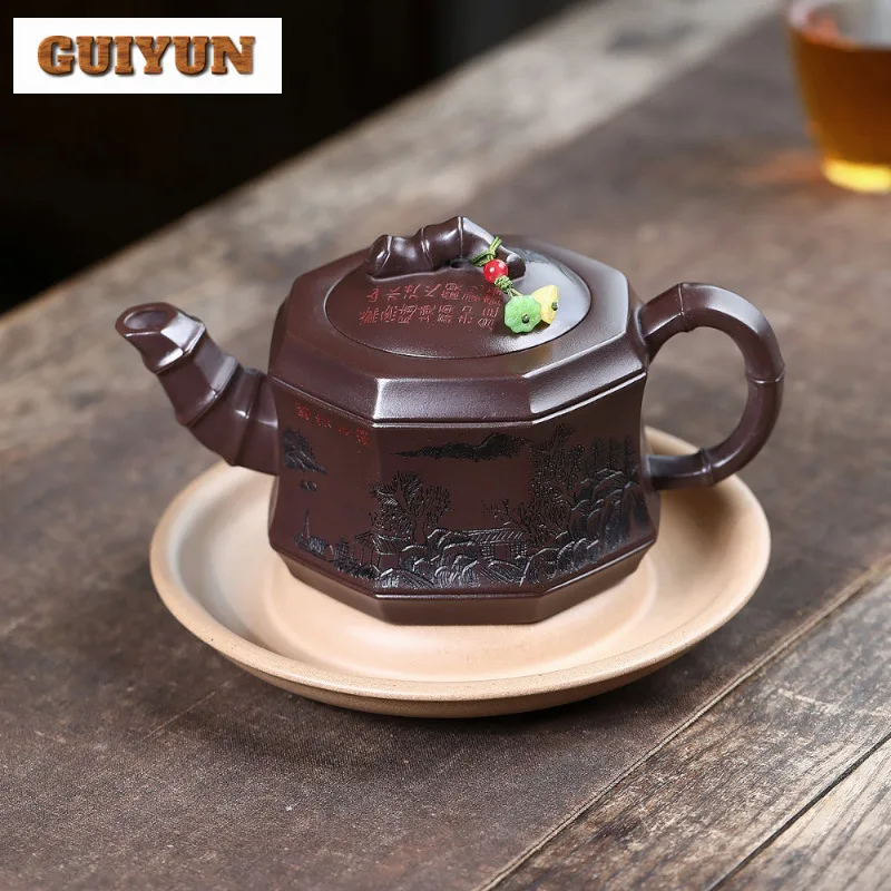 

410ml Yixing Purple Clay Teapots Handmade Octagon Bamboo Joint Pot Raw Ore Dragon's Blood Sand Kettle With Infuser Zisha Teaset