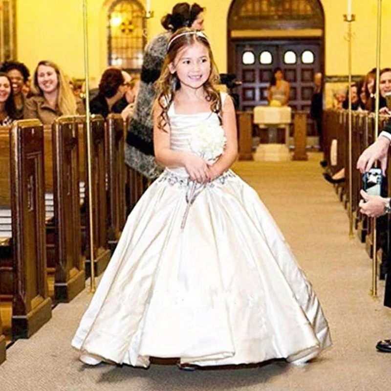 Floor Length Taffeta Flower Girl Dress Sleeveless Pageant Dresses With Bright Waistband First Communion Lovely Girls