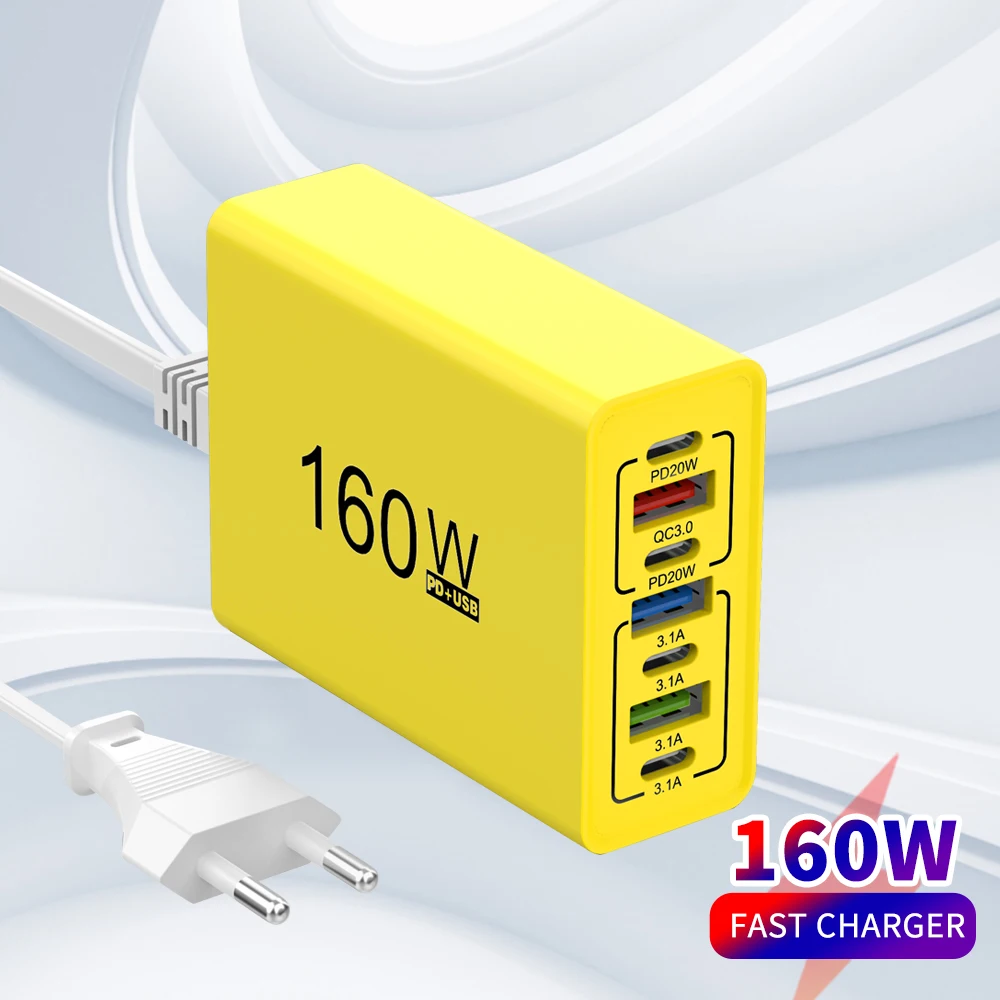 

USB Type C Charger 7 In 1 Fast Charging Mobile Phone Adapter For iPhone 17 Xiaomi Huawei Samsung 160W Quick Charge Power Strip