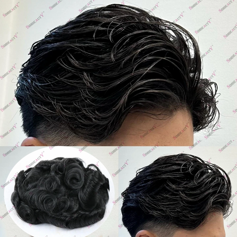 شعر بشري أسود نفاث 100% للرجال، نمط مموج طبيعي، رخيص، قاعدة من الجلد الناعم، قطع شعر متينة، خط شعر طبيعي # 1 # 5 شعر مستعار حقن