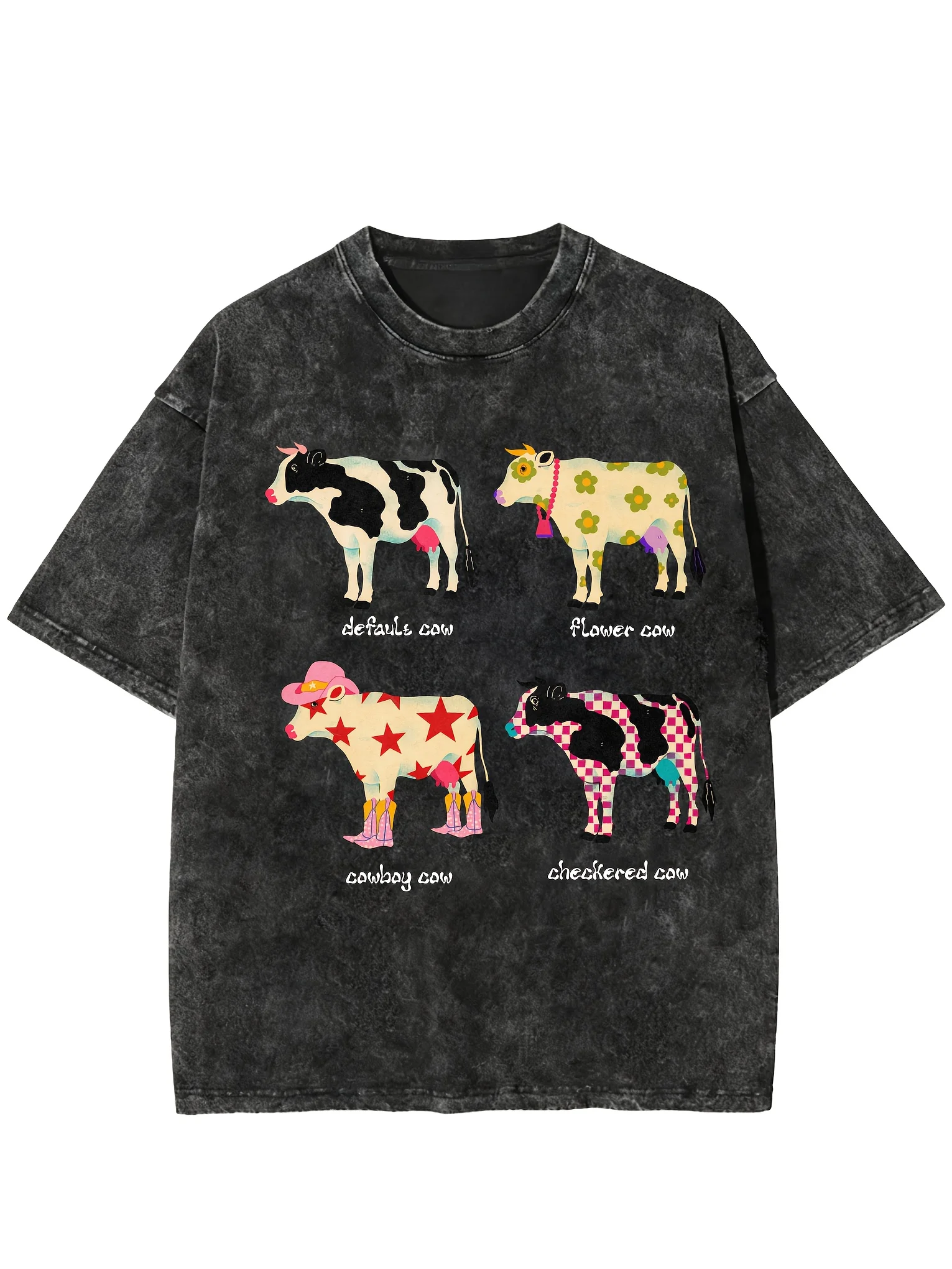Camiseta Vintage con Estampado de Vaca y Lavado Ácido para Hombre y Mujer, Manga Corta, Estilo Harajuku, Casual, Holgada, a la Moda