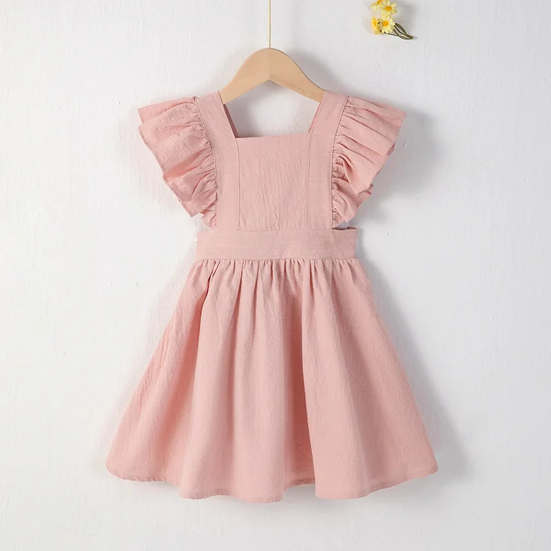 2024 New Summer Korean Style Baby Girls Princess Dress Linen Cotton Solid Color Sleeveless Kids Party Dress Sisters Clothes