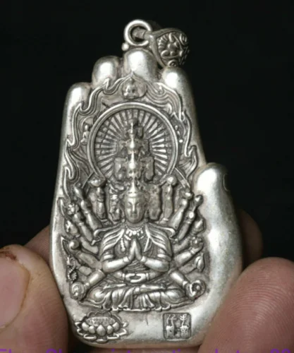 

2.2" Old China Silver Buddhism 1000 Arms Avalokiteshvara of Goddess Hand Pendant