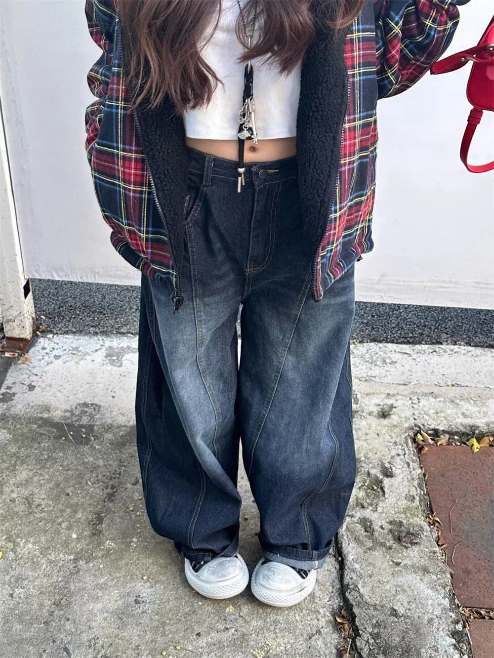 Vintage Stylish Chic Elegant Embroidered Patchwork Jeans Women Washed Draping Denim Straight Loose Fit Slimming Versatile Pants
