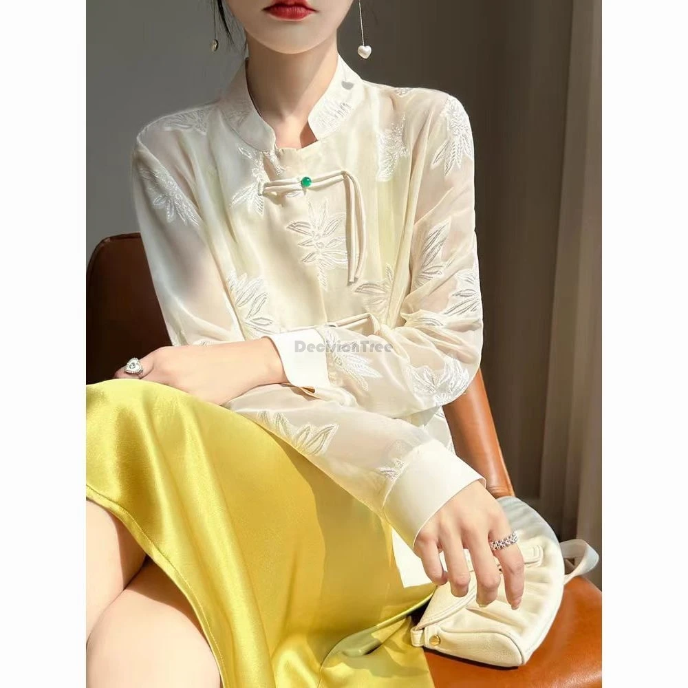 2024 retro chinese style light thin sun protection tang suit top button tassel transparent top hollow out embroidery lady blouse