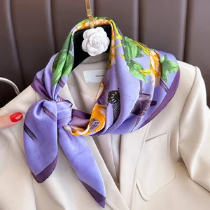 Blumenstämme luxuriöser Quadratkanal -Stover für Frauen, weicher Satinstreifen, Handbänder, Foulard Stoke, Hijab Bandana, Lila, neu 6 Hauptverkäufe Cachecol Purpur - №3