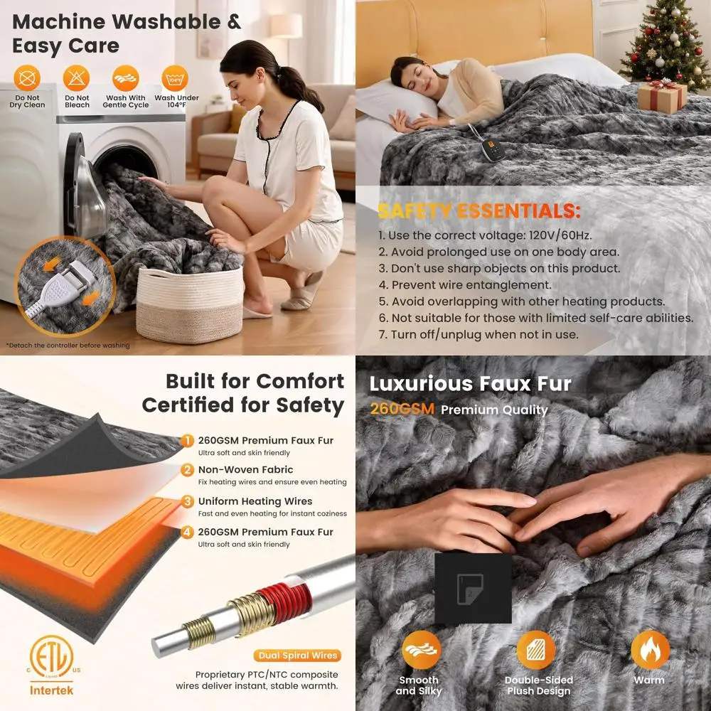 

Twin Size 62x84 Electric Blanket, 10 Heat Levels, 0.5-12H Timer, Marble Gray Faux Fur, ETL, Overheat Protection, Washable