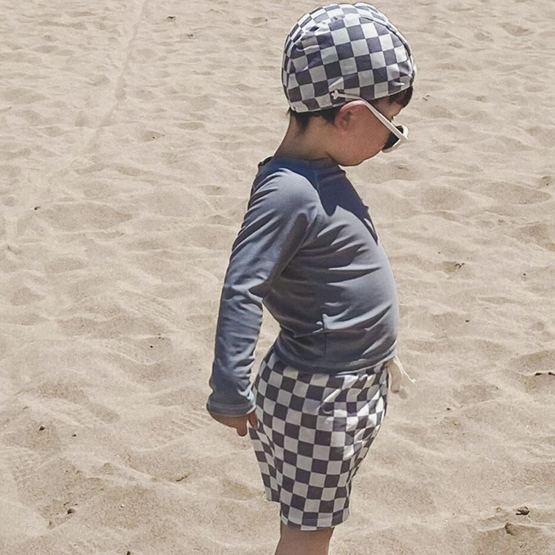 Kids Summer Swimwear Sets Baby Boys Long Sleeve Sunscreen Quick-Dry Solid Top + Plaid Swimming Trunks Surfing Suit Bathing Suit