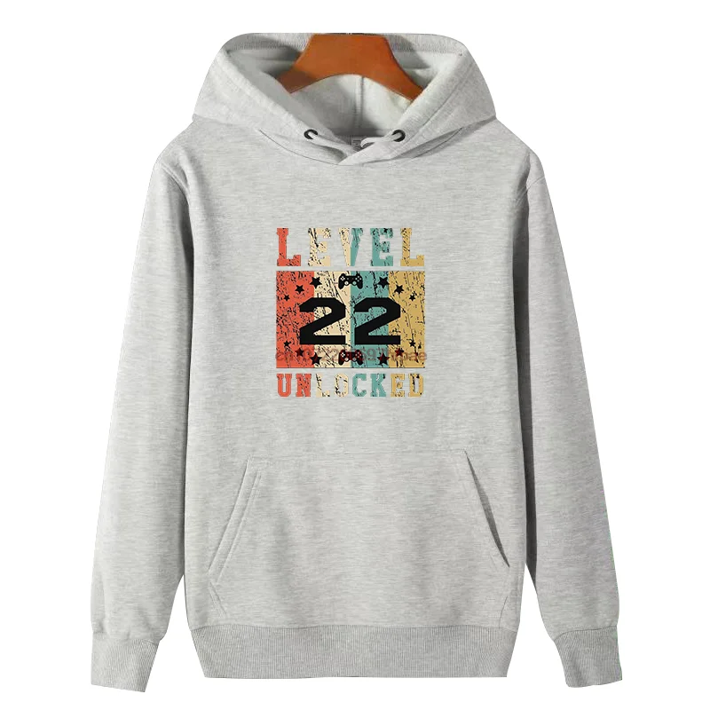 Level 22 (Twenty Two) Unlocked Funny Retro Video Games Graphic Hooded Sweatshirts Winter Thick Sweater Hoodie Male Clothes