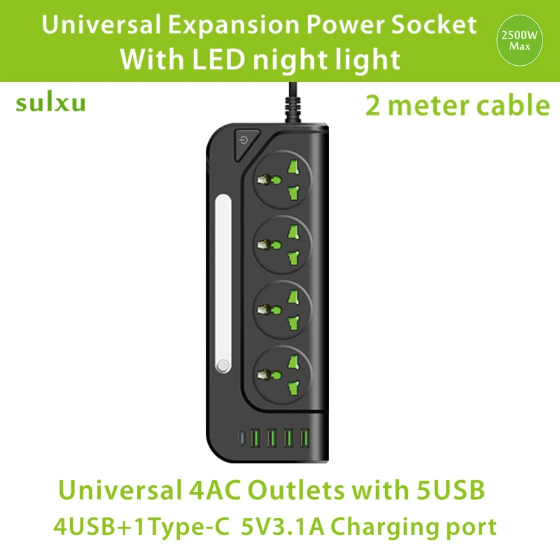 

with night light Universal expansion power strip, American power socket ,4AC Outlets with USB-A and USB-C charging port