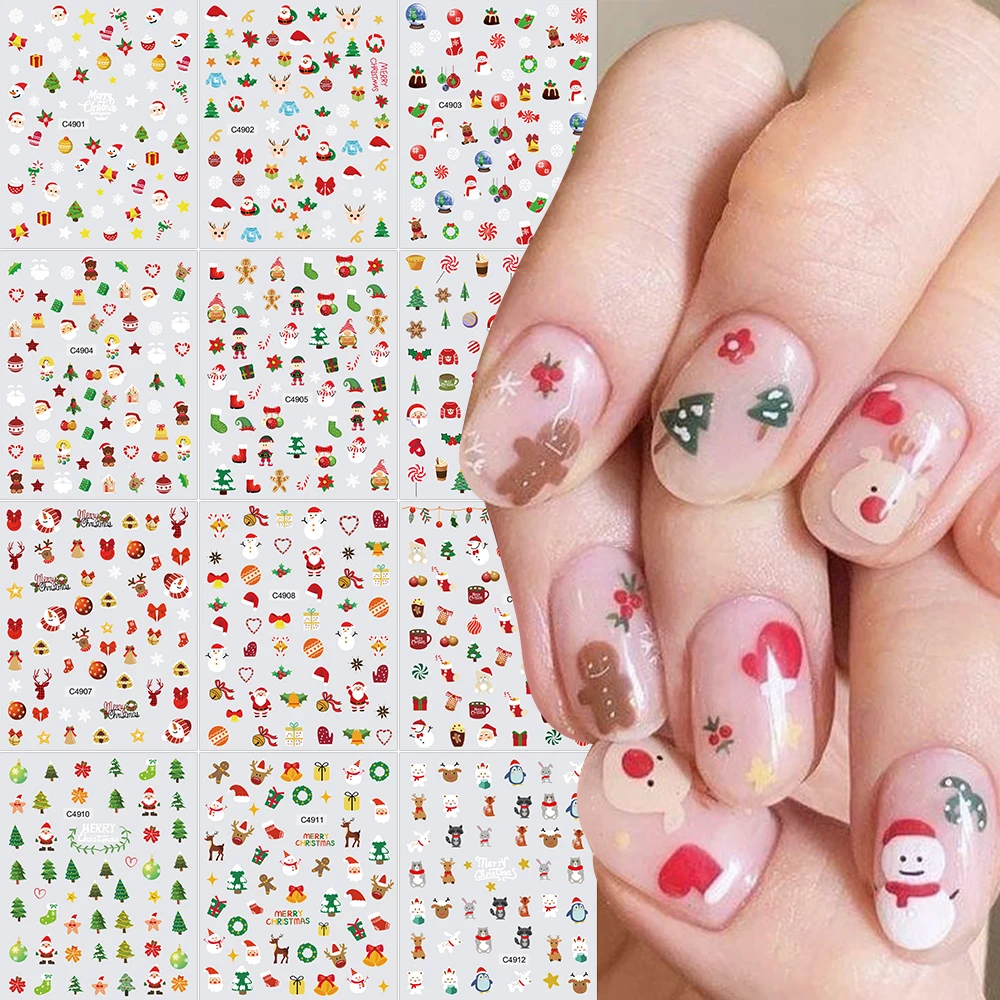 

1Pc Cartoon Christmas Santa Claus Snowman Elk Nail Stickers Snowflake Xmas Tree Penguin Adhesive Decal New Year Manicure Sliders