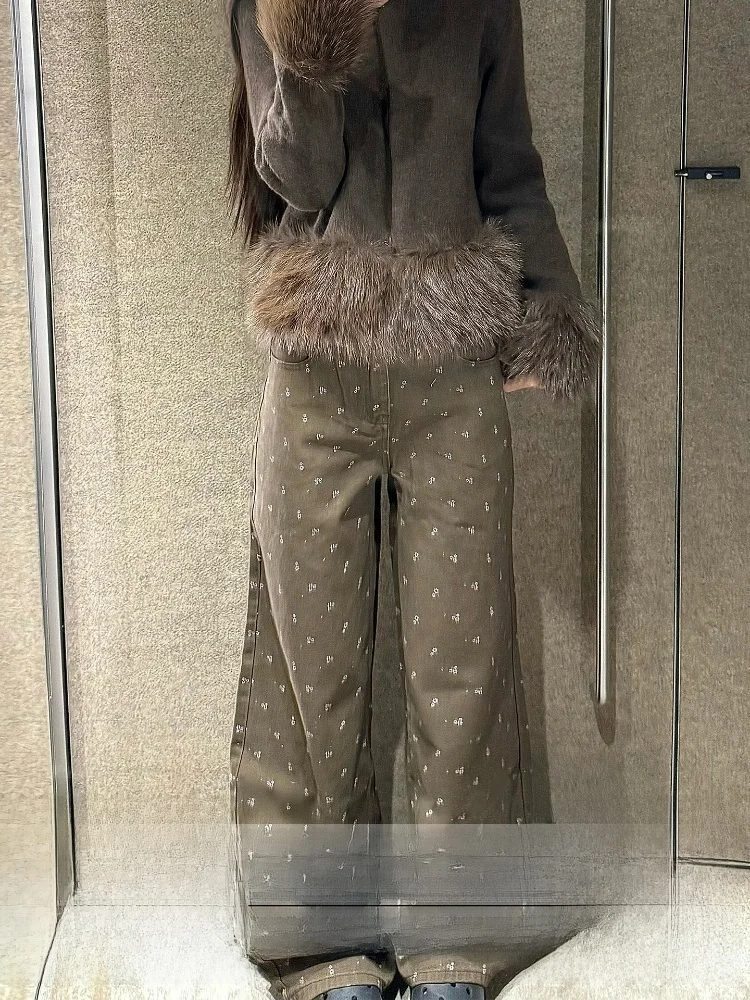 

Retro Floral Wide Leg Denim Jeans Women's Summer New Style Slim High Waist Long Pants Cocoa Brown Narrow Version Slimming