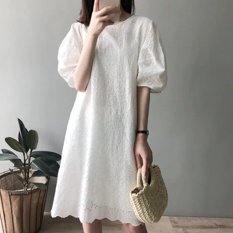 Summer Dress Women 2022 A-line O-neck Puff Sleeve Long Knee-Length Beach Casual Party Cotton Lace White Dress Frocks for Lady