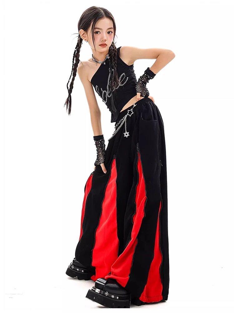 Dziecięcy strój hip-hopowy dla dziewczynek na rok 2025, bluzki z odkrytym pępkiem, luźne spodnie, czarny strój do występów, ubrania do tańca jazzowego Kpop, strój sceniczny Y2K BL16527