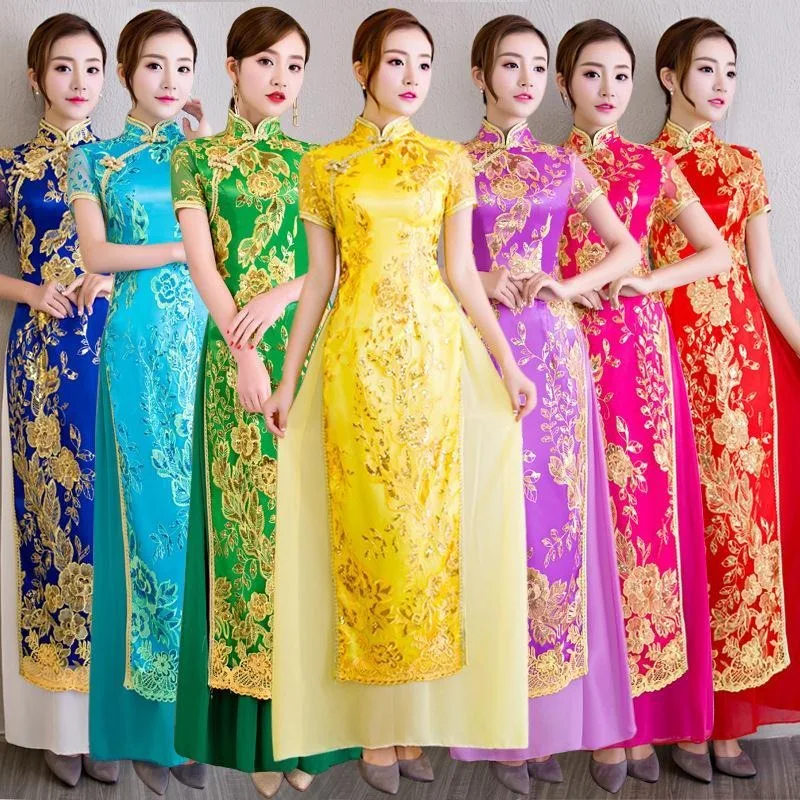 

Improved Long Cheongsam Skirt 2024 New Vietnamese Aodai Girl Plus Size Sequin Show Cheongsam Dress Show