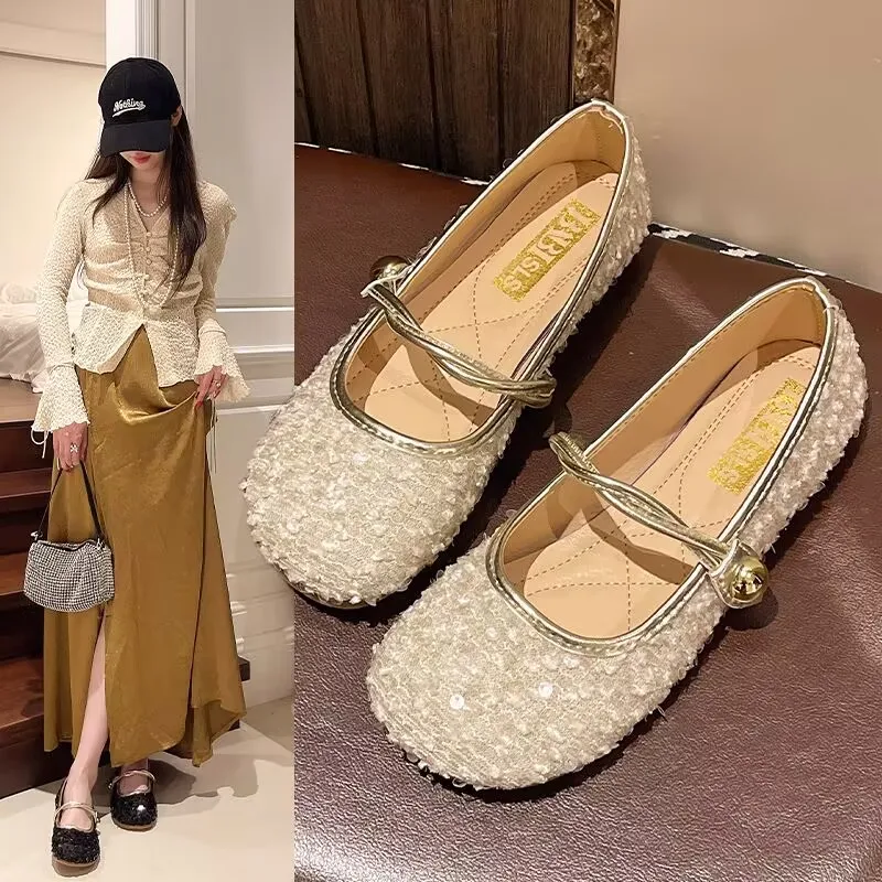 New Women Sequined Cloth Shoes French Girls Bling Single Shoes Spring Autumn Female Soft Bottom Mary Jane Shoes