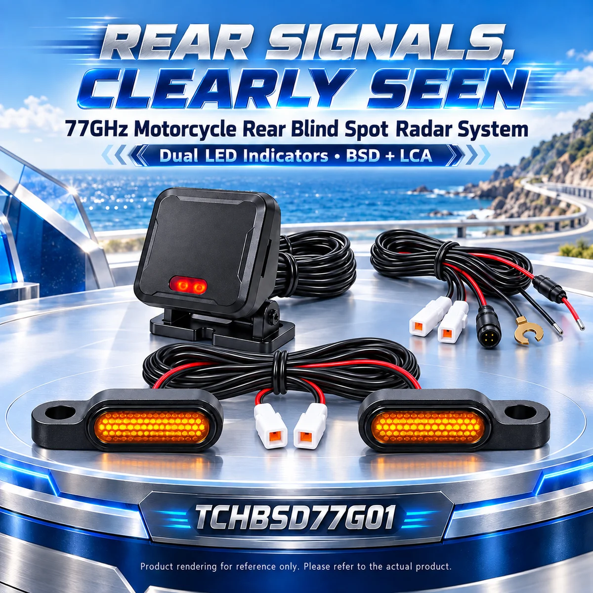 77GHz Motorcycle Rear Blind Spot Detection Radar with Dual LED Indicators, BSD 8.4m LCA 50m Up to 70m