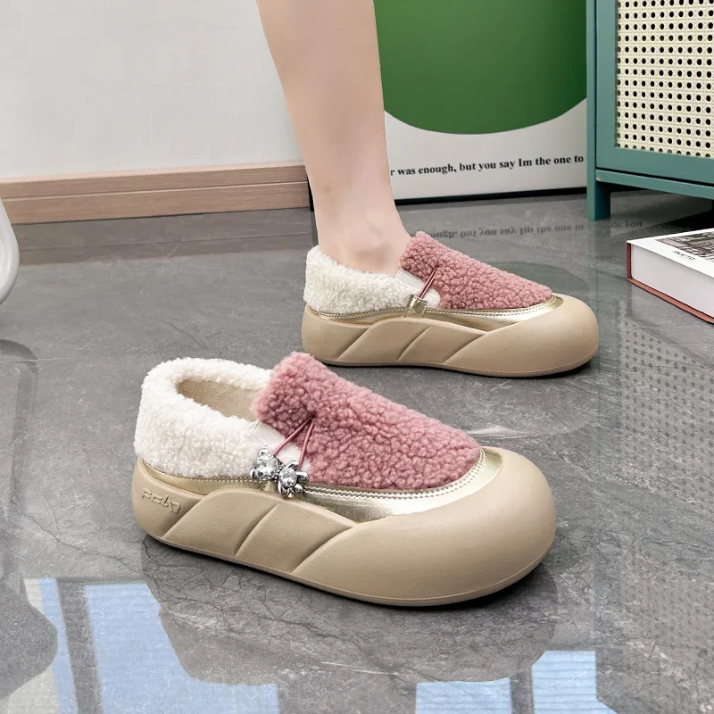 

New chunky fur sneakers women winter plush shoes platform loafers woman fashion fleece flats slip on shoes lady pink trainers