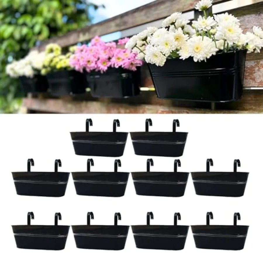 

LaLaGreen Outdoor Plants Rail Planter 16 Inch 10 Pack Black Metal Iron Hanging Flower Pots Deck Railings Fence Balcony Modern B
