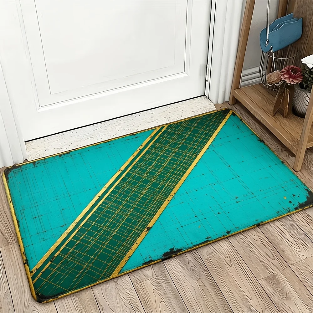 Large Vintage Blue Teal Grid Pattern Doormat Entrance Rug Mat 40x60cm Retro Industrial Nautical Style Welcome Mat