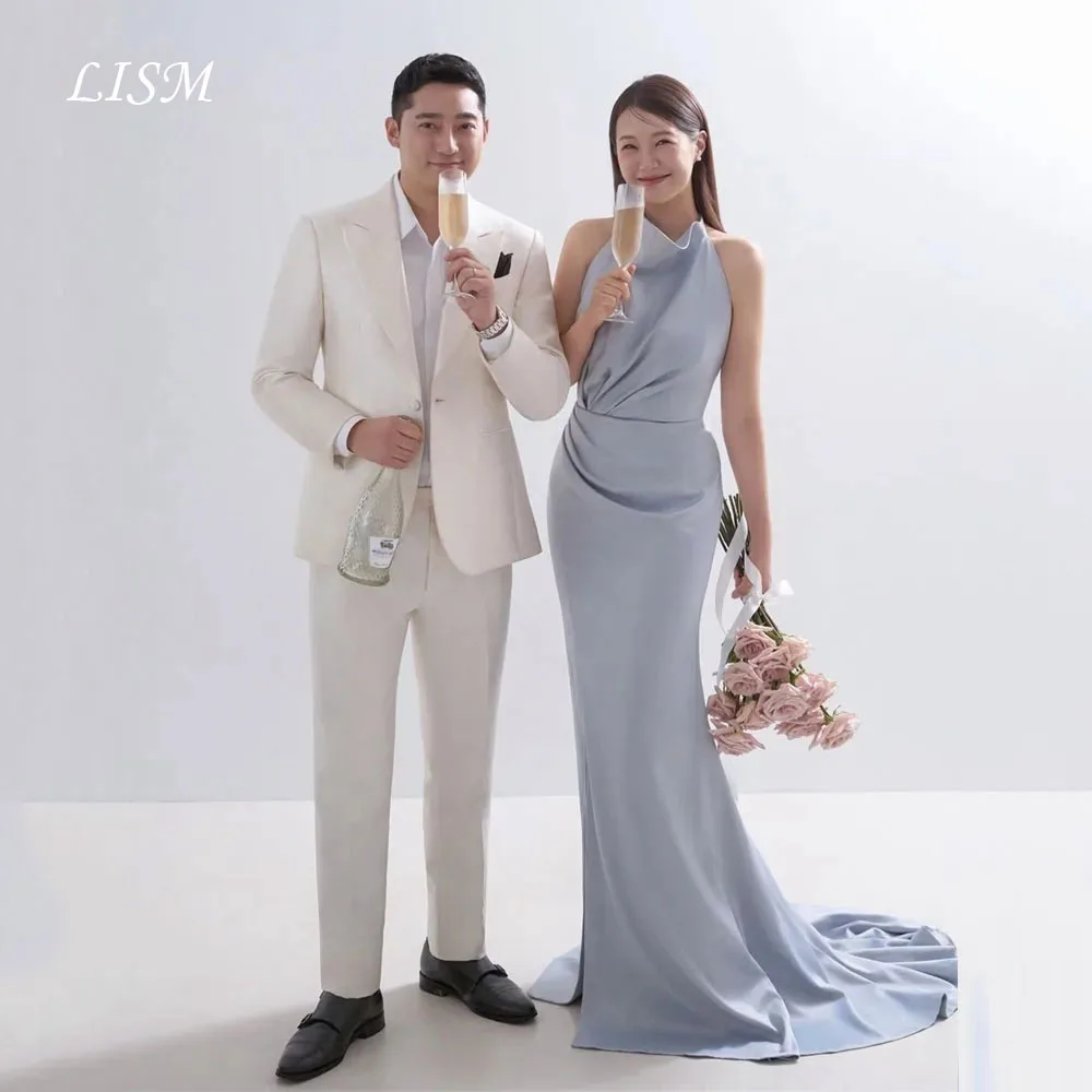 

LISM Elegant Blue Satin Evening Dress Korea Wedding Photo Shoot Halter Sleeveless Mermaid Long Party Dress Corset Customized