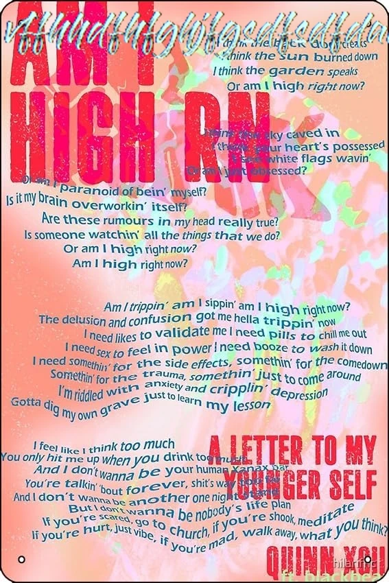 Am I High Rn - Quinn XCII (ft. blackbear) typographic Photographic Print Metal Tin Sign 12 X 8 Inch Funny Man Cave Home Off sign