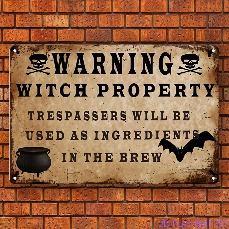 CIFBUY 2D Plane Halloween Witch Property Warning Sign - 8x12 Inch Metal Wall Art, Skeleton & Bat Design, Trespassers Will