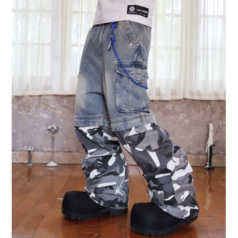 

Washed Distressed Stitching Camouflage Detachable Jeans Dark Men