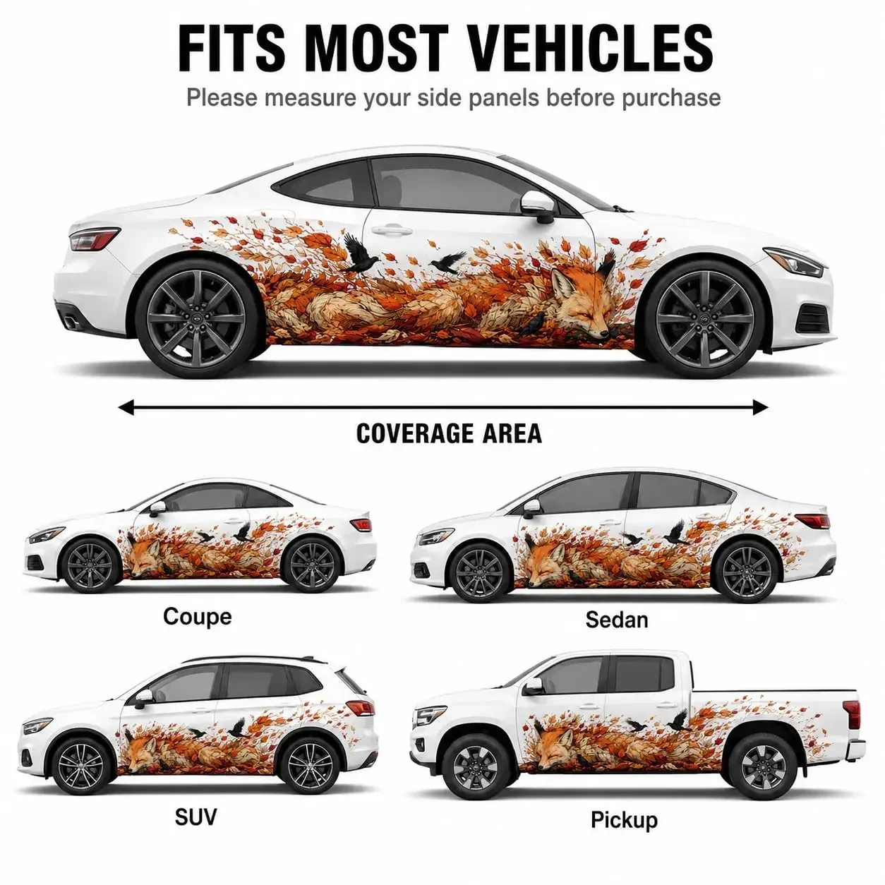2PCS Fox Car Side Decals, Side Door Vinyl Stickers with Autumn Leaves Wildlife Graphic, Waterproof UV Resistant Vehicle