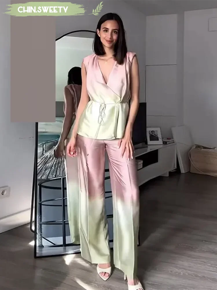 

Satin Gradient Vest Pants Suit Women Elegant Lace Up Sleeveless Waist Cinching Two Piece Set 2025 New Summer Holiday Lady Outfit