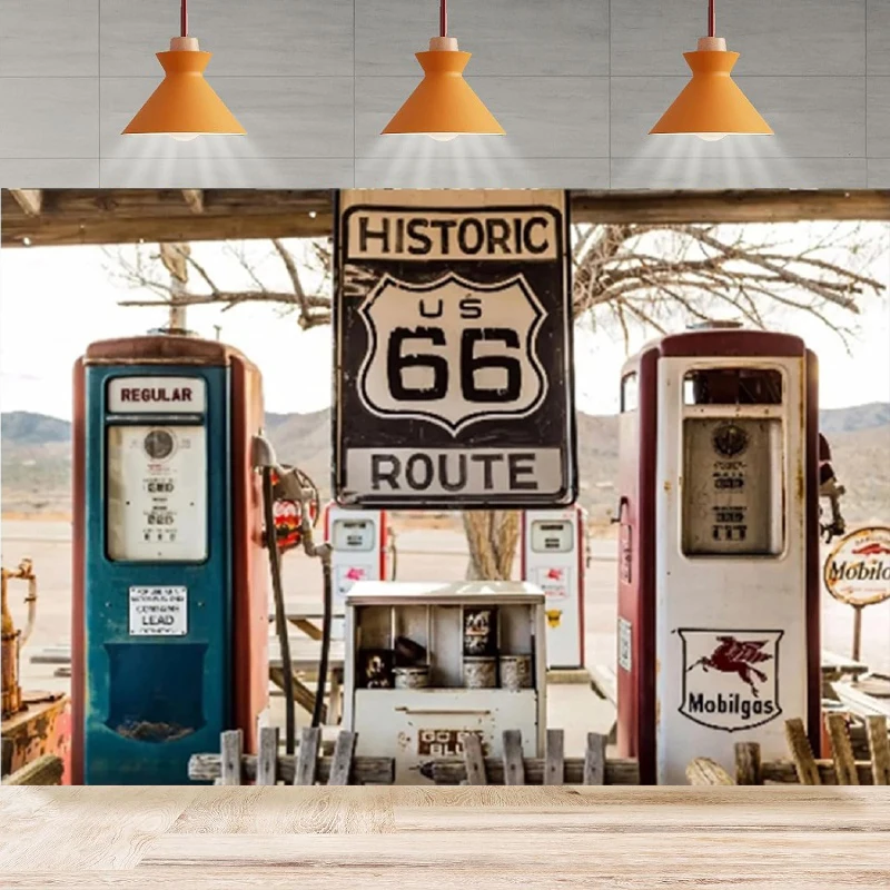 Route 66 Photography Backdrop Party Old Historic Gas Station Birthday Boy Adult Portrait Background Wall Home Party Decor Banner