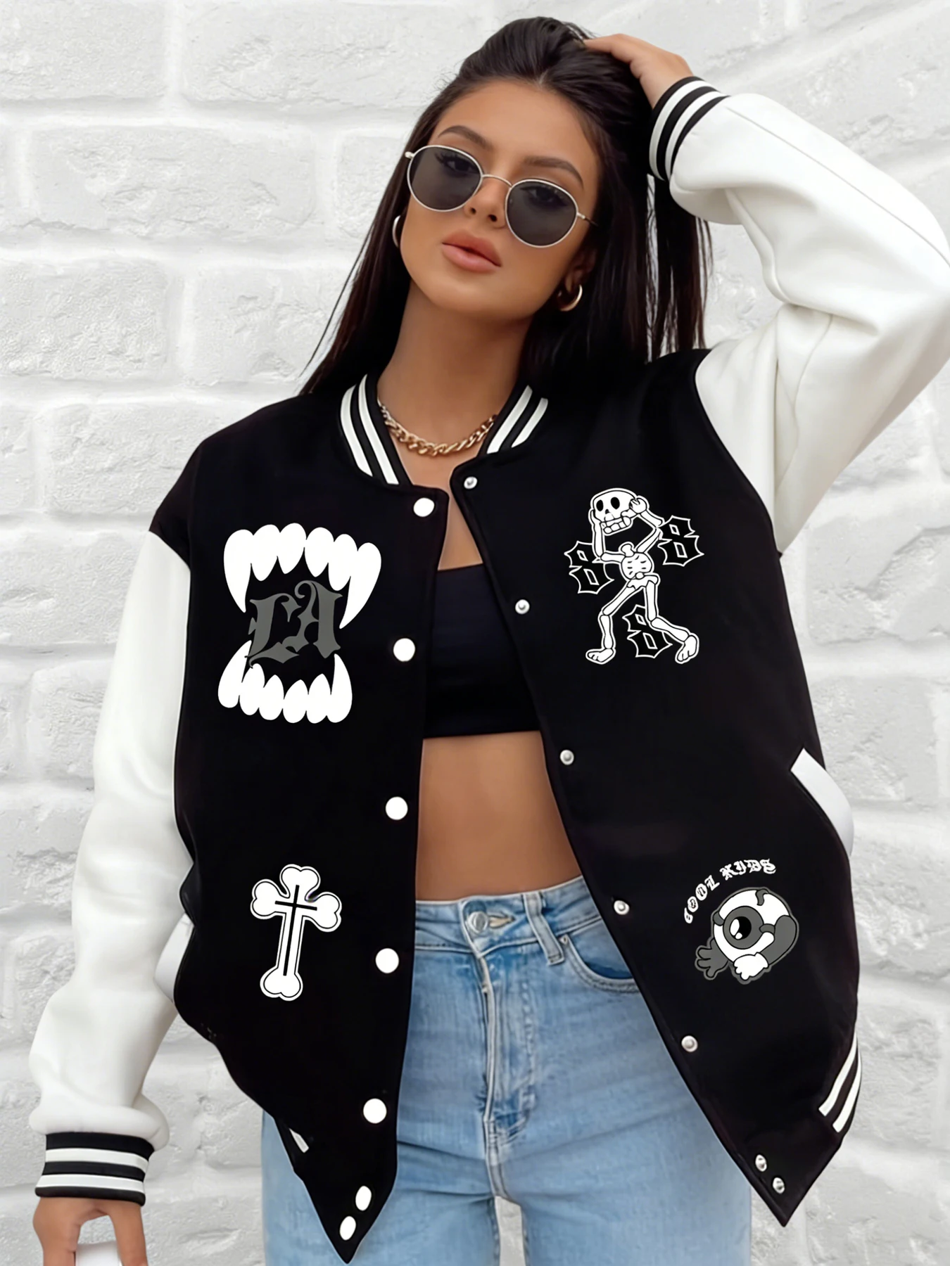 Damska kurtka baseballowa LA Fang z grafiką szkieletu, fajny, zabawny wzór, luźny krój, odzież wierzchnia, casualowa odzież uliczna, do noszenia na co dzień.