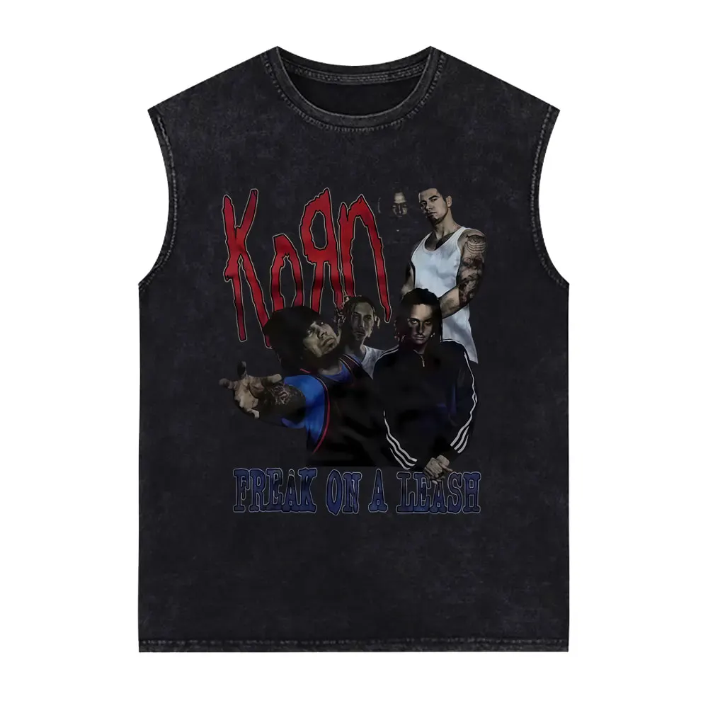 

Korn Freak on A Leash Merch Vintage Washed Tank Tops T-shirts Metal Gothic Rock Band Vest Men Casual Cotton Sleeveless T Shirts