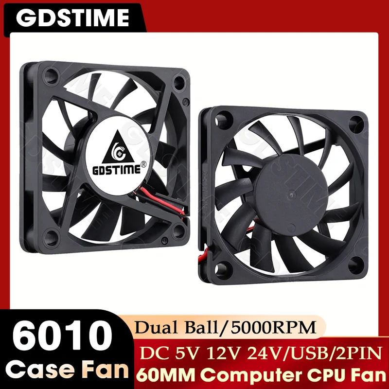 Ventilateur GDSTIME 60 mm 24 V 12 V, ventilateur 60x60x10 mm pour refroidisseur CPU, ventilateur USB 5 V pour ordinateur, ventilateur 6010 pour boîtier PC, refroidissement GPU, ventilateur sans balais 6 cm