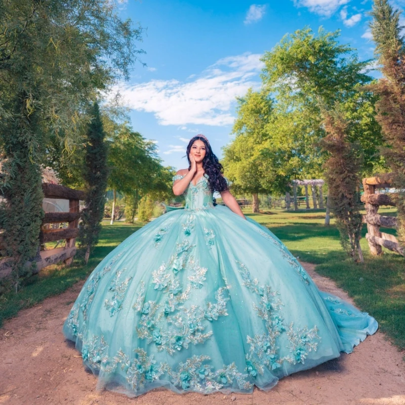 

Светлые платья Quinceanera по индивидуальному заказу с открытыми плечами и аппликацией из пайеток, 3D цветок, длинный хвост, тюлевой бант, платье 15, Quinceanera
