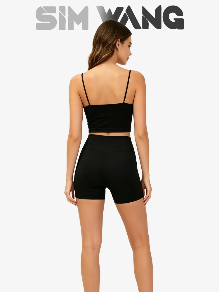 Black thin shoulder strap short-sleeved camisole for women with elastic base and small suspender attached underneath