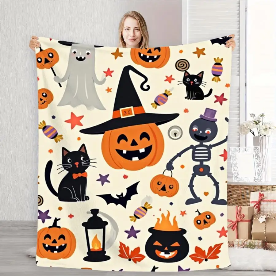 Black Cat With Rose Witch‑hat Pumpkin Bat Print Soft Flannel Throw Blanket Warm Light‑weight Blanket For Sofa Halloween Decor