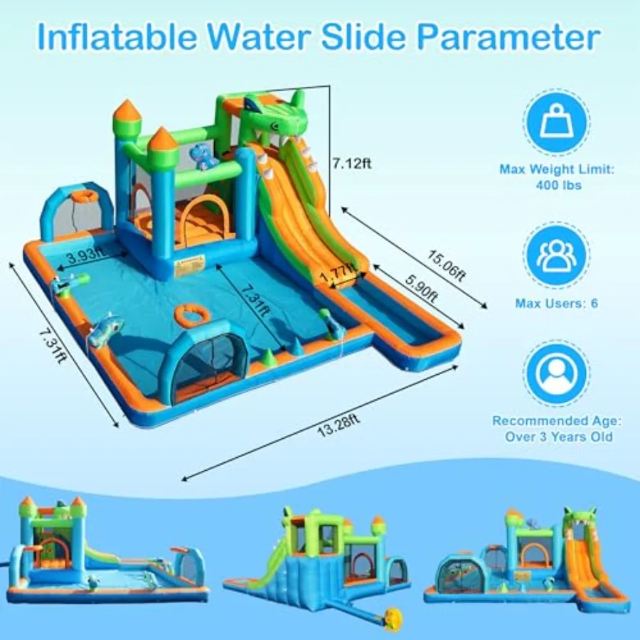 9-in-1 Inflatable Water Slide for - Dinosaur Bounce House Water Park with Slide for Wet and Dry - Climbing Wall Water Cannon Sp