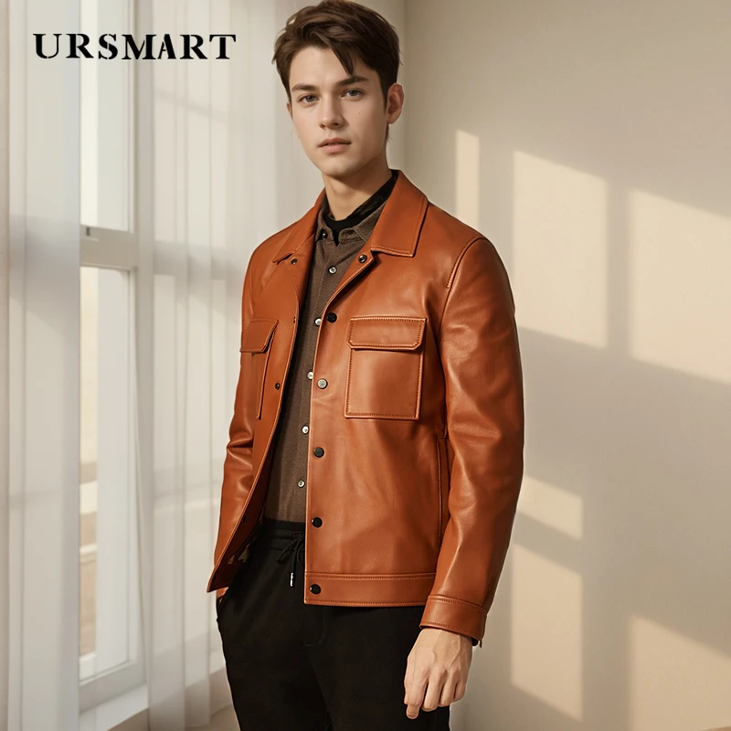 Brown Classic Sheepskin Men\'s Jacket 2024 Spring and Autumn New Product British Fashion Short Leather Custom Coat for men